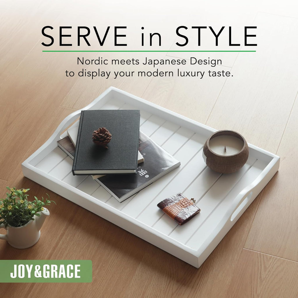 Large Wooden Serving Tray with Handles 20 x 14 inch Decorative Coffee Table Ottoman Tray for Living Room Extra Large for Kitchen Dinner Food Bar Breakfast in Bed (Color White)