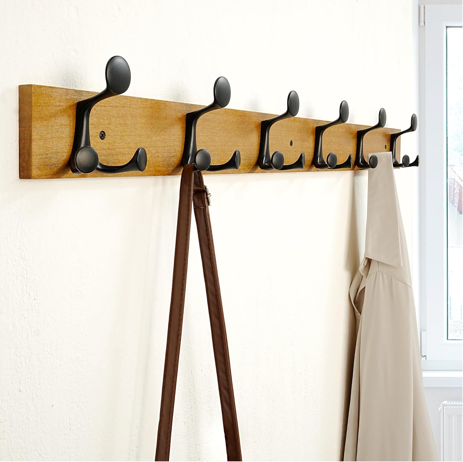 SKOLOO 39-Inch Light Brown Wood Coat Rack Wall Mount with 6 Triple Hooks - Ideal for Family Entrances, Classrooms, and Pet Supplies Storage - Perfect Coat Hooks for Wall