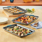 Rachael Ray Bakeware Nonstick Cookie Pan Set, 3-Piece, Gray with Agave Blue Grips