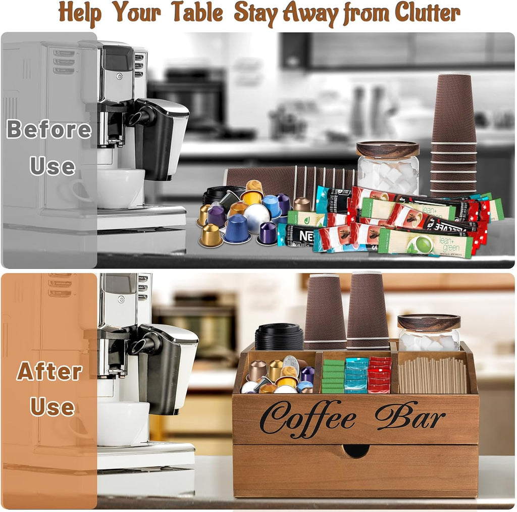 Coffee Bar Organizer Countertop, Wooden Bar Accessories With Drawer, Coffee Station Organizer Pods Holder Storage Basket, Farmhouse Tea Condiment Station