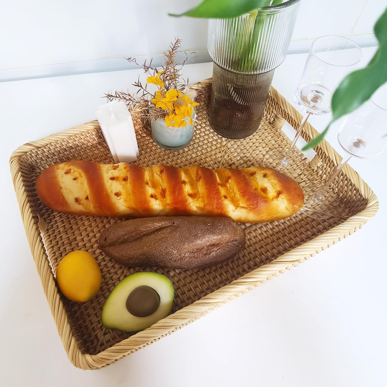 i-lan 17Inch Large Rectangle Rattan Serving Tray with Handles-Natural Wicker Breakfast Coffee Drinks Serving Platter,Kitchen Tabletop Decorative Serving Tray for Fruit,Vegetables and Snacks