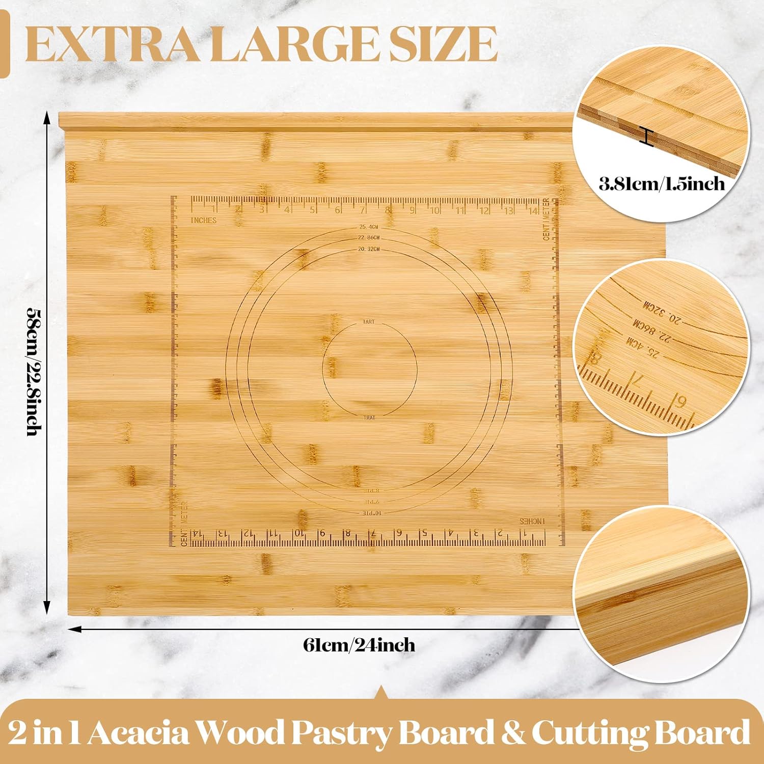 Vesici Reversible Pastry Board with Lip for Rolling Dough Large Wooden Cutting Chopping Kneading Board with Engraved Measurements for Counter Table Top Kitchen(Wood,24 x 22.8 x 1.5 Inch)