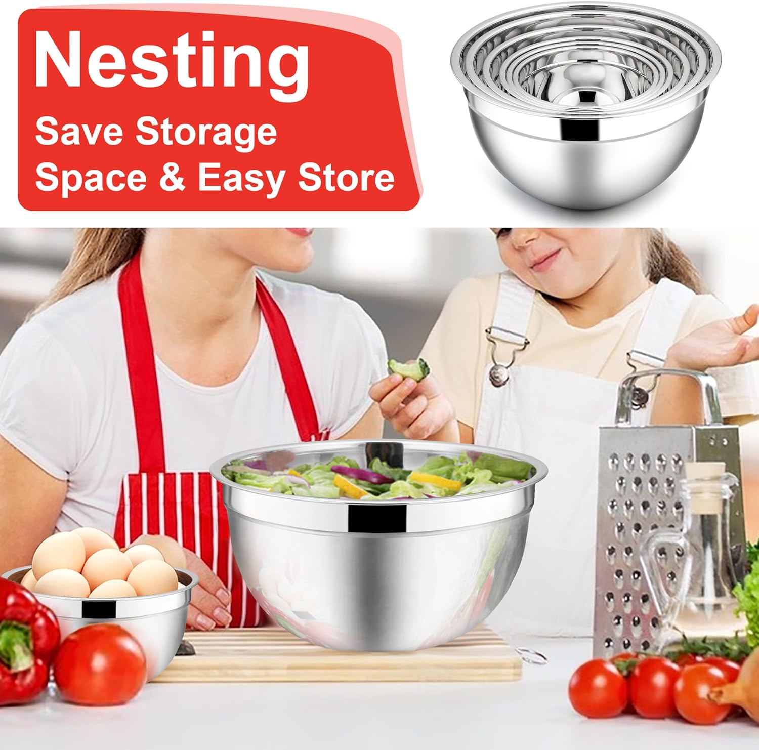 E-far Mixing Bowls with Lids, 12-Piece Stainless Steel Salad Bowls Metal Nesting Bowls for Baking Cooking and Prepping, Airtight Lids & Stackable Design, Size 7, 4.5, 3, 1.5, 1.2, 0.7 QT (Red)