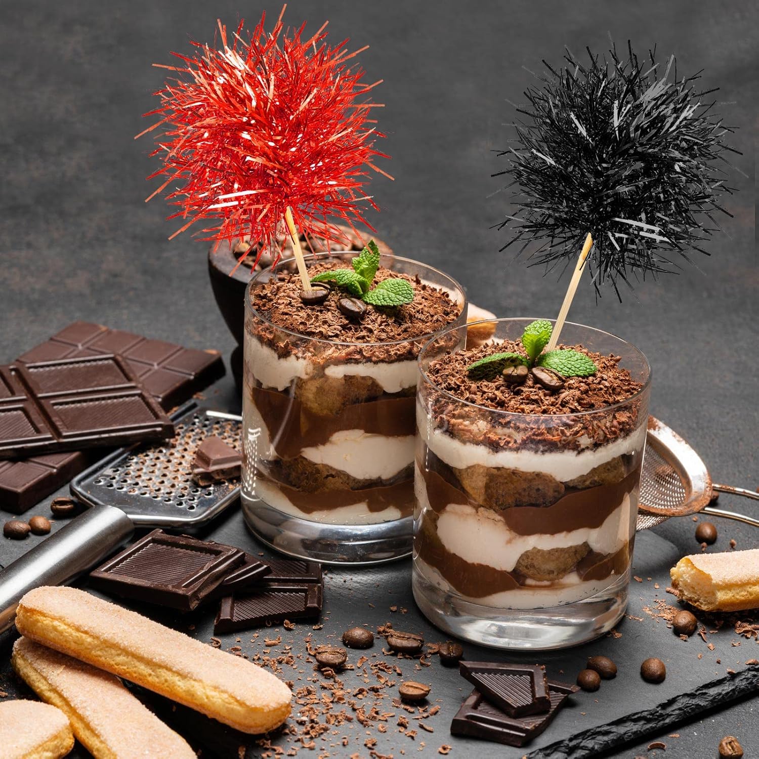 Chinco 100 Pcs Foil Firework Cupcake Toppers Sparkle Tinsel Cake Toppers Cake Decoration Cocktail Fruit Toothpick for Birthday Wedding Graduation Party(Red, Black)