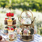 Maxcheck 21 Pcs Tea Party Set for Adults European Floral Tea Set with Metal Holder and 3 Tier Ceramic Cake Stand Porcelain Flower Cup Teapot for Dessert Cupcake(Elegant Style)