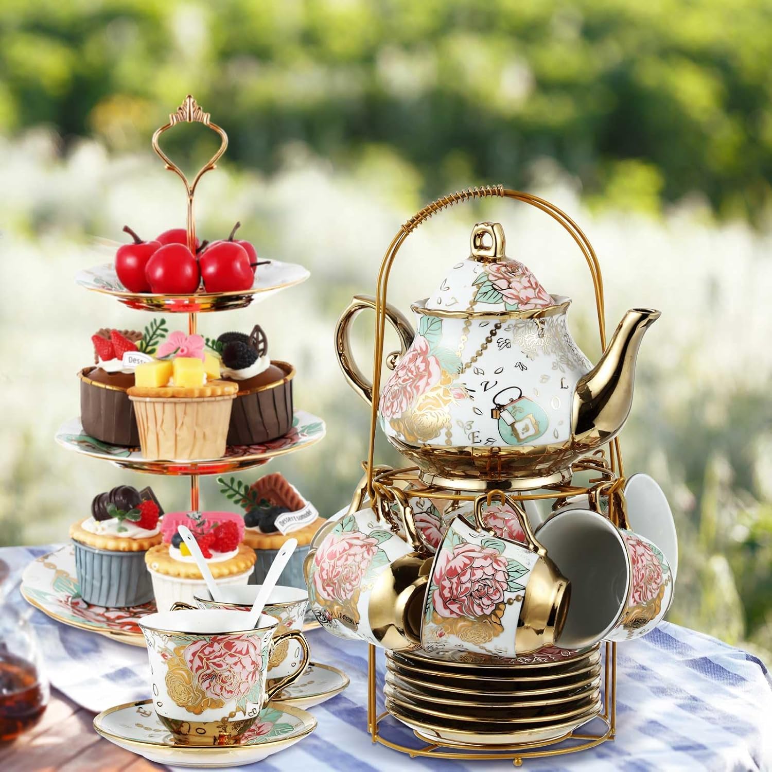 Maxcheck 21 Pcs Tea Party Set for Adults European Floral Tea Set with Metal Holder and 3 Tier Ceramic Cake Stand Porcelain Flower Cup Teapot for Dessert Cupcake(Elegant Style)