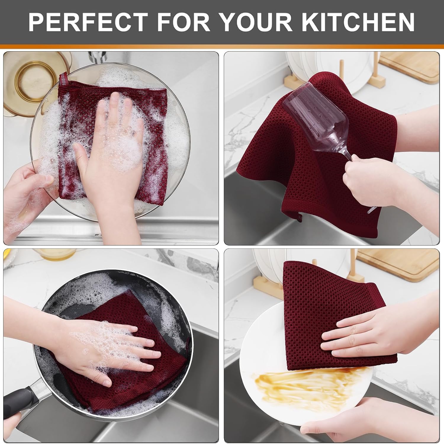 Kitinjoy 100% Cotton Kitchen Dish Cloths, 8 Pack Waffle Weave Ultra Soft Absorbent Dish Towels for Drying Dishes Quick Drying Kitchen Towels Dish Rags, 12 X 12 Inches, Burgundy