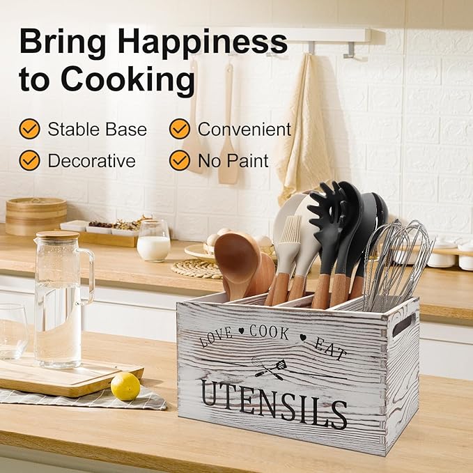 Rustic White Wooden Utensil Holder for Kitchen Counter Decor Extra Large Utensil Crock Organizer Silverware Caddy Farmhouse Wood Cutlery Holder Cooking Utensil Stand Storage kitchen Tools Holder
