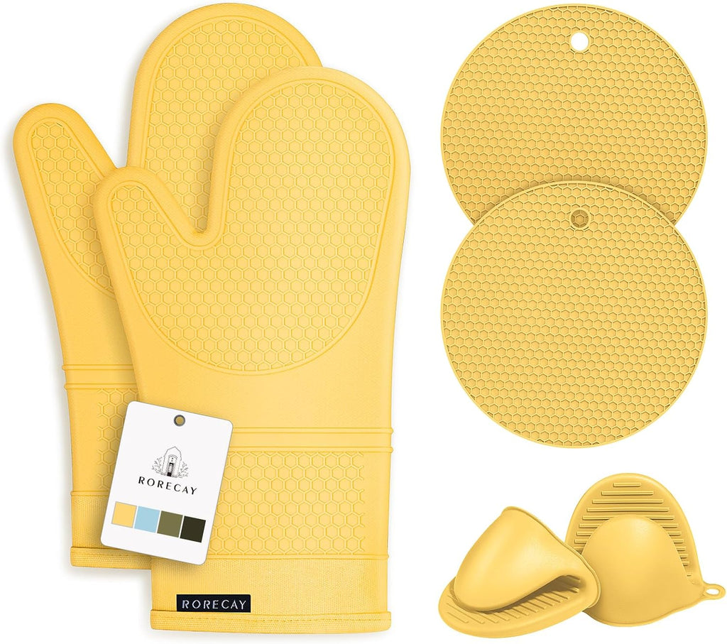 Rorecay Oven Mitts and Pot Holders Sets 6pcs, Extra Long Kitchen Silicone Oven Gloves Heat Resistant 500 Degrees Non-Slip Potholders Hot Pads for Baking Cooking, Quilted Liner, Samoan Sun