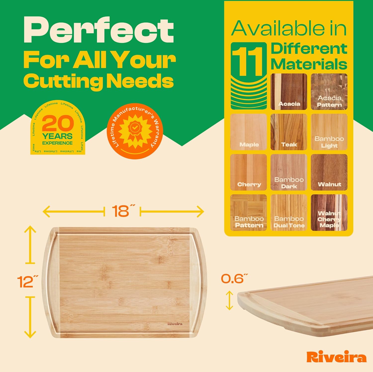 Riveira Two Tone Bamboo Wood Cutting Board – Gourmet Bamboo Grandeur: 18 x 12 Wooden Cutting Board – Wooden Cutting Boards For Kitchen Decorative – Innovative Juice Grooves Wooden Chopping Board