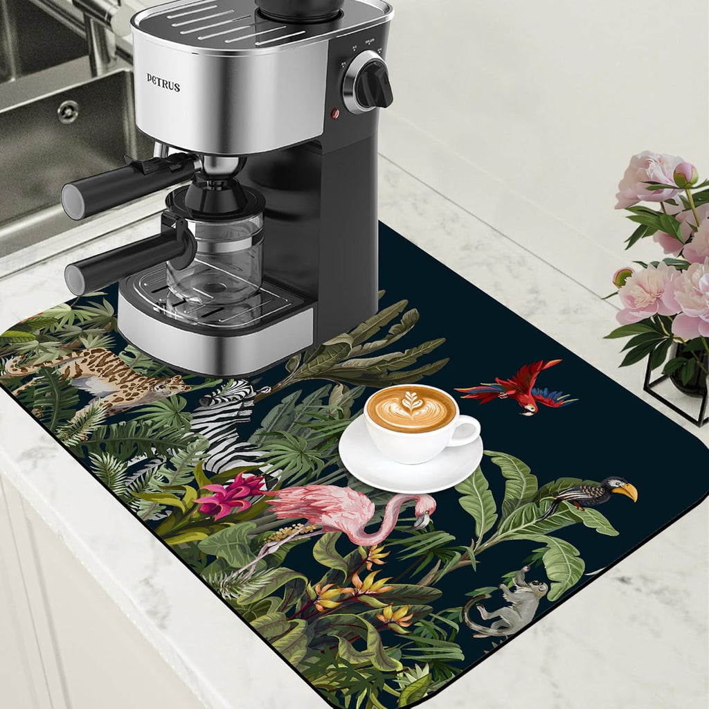Jungle Animals Coffee Mat Tropical Dish Drying Mat for Kitchen Counter Absorbent Hide Stain Rubber Backed Coffee Bar Accessories Fit Under Espresso Machine Cafe Table, 15.7 x 23.6 Inch