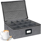 homyfort Mug Coffee Storage Box with Dividers - Stackable Glass China Storage Containers Hard Shell with Lid, Label and Handles, Holds 12 Coffee Mugs and Tea Cups (Dark Grey)