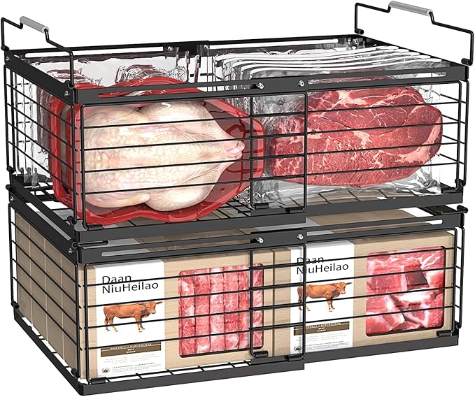 NADAMOO Freezer Organizer Bins, 2 Packs Large Expandable Stackable Chest Freezer Containers with Handle, Metal Adjustable Storage Baskets for Fridge, Deep Freezer, Cabinet, Kitchen, Pantry - Black