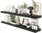 Heimlove 55 Inch Floating Shelves for Wall 8 Inch Deep Black Shelves Set of 2,Wall Mounted Rustic Wood Long Floating Shelf，Large Extra Display & Storage Shelf with Invisible Brackets