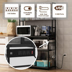 Kitchen Bakers Rack with Baskets and Power Outlet,5-Tier Kitchen Utility Storage Shelf with Hooks, Microwave Oven Stand Rack,Vintage Grey Free Standing Kitchen Shelf