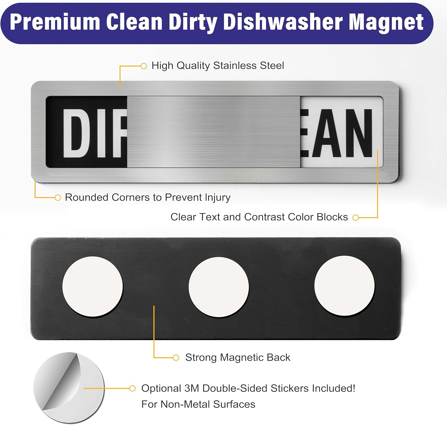 Dishwasher Clean Dirty Sign-Dishwasher Magnet Stainless Steel Clean Dirty Sign for Kitchen Organization Farmhouse Dishwasher Slide Indicator, Optional Adhesive Stickers