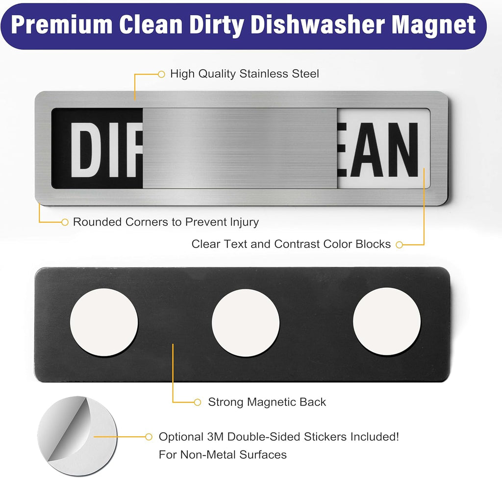 Dishwasher Clean Dirty Sign-Dishwasher Magnet Stainless Steel Clean Dirty Sign for Kitchen Organization Farmhouse Dishwasher Slide Indicator, Optional Adhesive Stickers