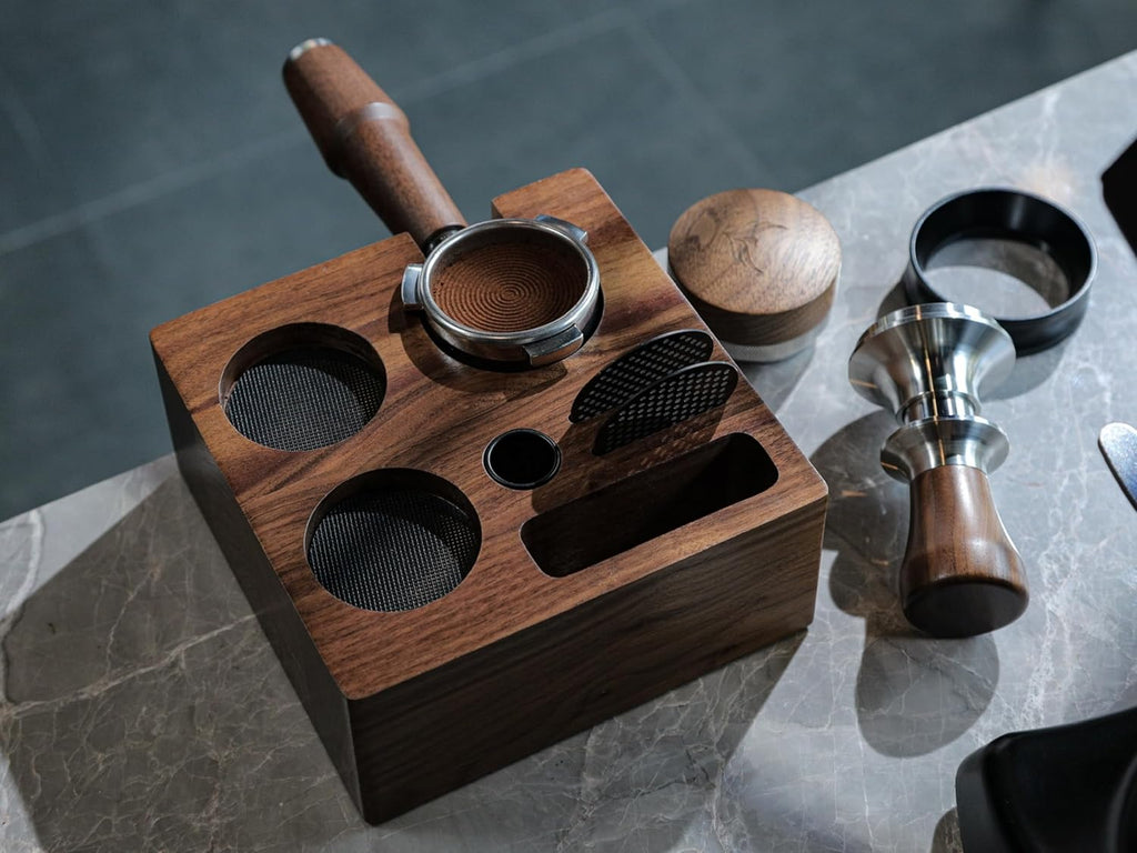58mm Tamper Station V3 Walnut Portafilter Holder Compact Espresso Organizer with Multi Accessory Storage Espresso Machine Accessories for Coffee Bar