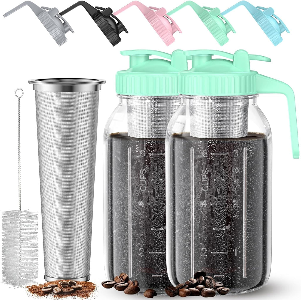 Cold Brew Coffee Maker Jar - 2 Pack 64 oz Glass Cold Brew Maker with Handle, Stainless Steel Filter & Leak-Proof Lid, Heavy Duty Cold Brew Pitcher for Iced Coffee, Sun Tea, and Milk