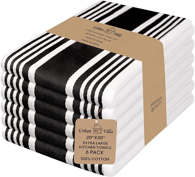 Urban Villa Kitchen Towels 100% Cotton Pack of 6, Highly Absorbent Quick Drying Super Soft Premium Dish Towels for Kitchen with Hanging Loop Hand & Tea Towels - 20x30 Inch, (Black & White, Striped)