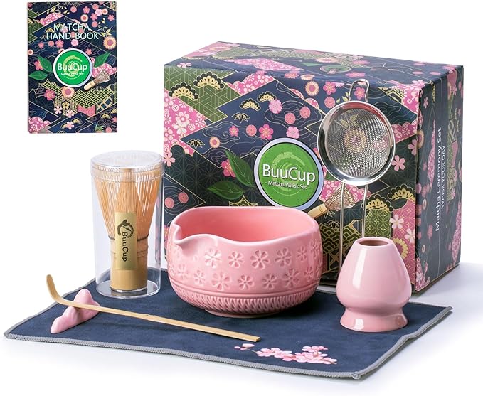 Matcha Whisk Set, Ceramic Matcha Kit Set Includes Matcha Bowl, Matcha Whisk and Holder, Bamboo Scoop, Scoop Rest, Sifter and Tea Towel - 7 Pcs Matcha Kit for Matcha Lovers (Pink)