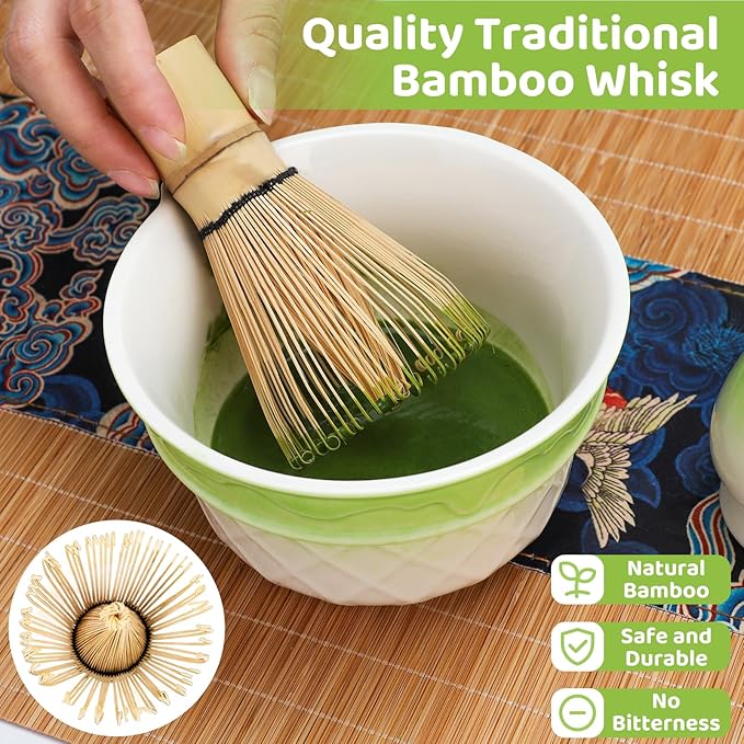 8PCS Matcha Whisk Set, Ceramic Matcha Kit Set, Japanese Tea Ceremony Tools with Matcha Bowl, Bamboo Whisk, Holder, Sifter, Spoon, Tea Cloth, Scoop and Scoop Rest (Relief Green and White)