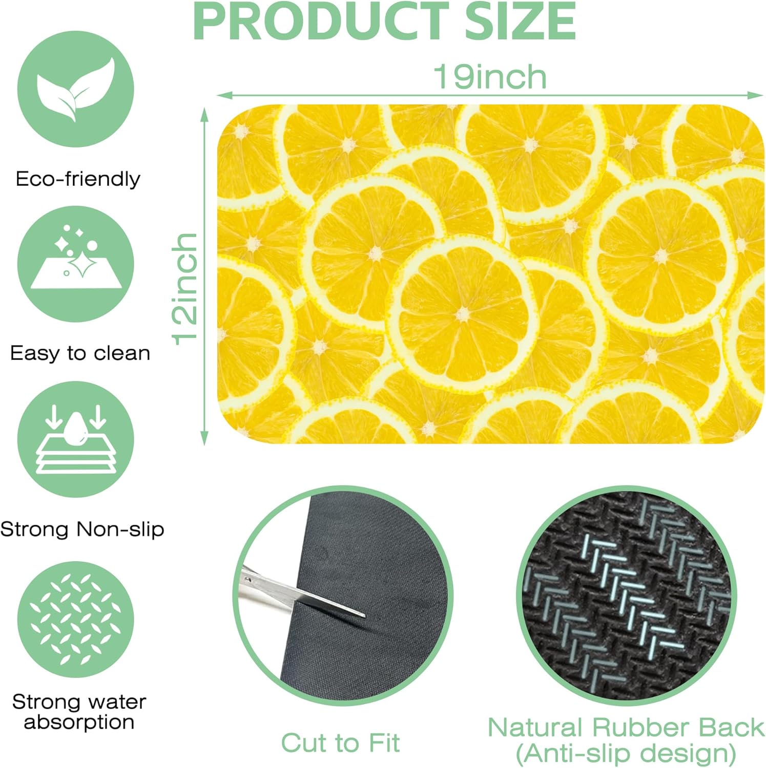 Fresh Yellow Lemon Slice Dish Drying Mat,12"X19" Absorbent Fast Dish Drying Mat for Kitchen Counter Pot and Pan, Kitchen Accessories