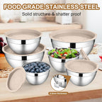 LIANYU Mixing Bowls with Airtight Lids Set, 6 Piece Stainless Steel Metal Kitchen Nesting Bowl, Size 7, 3.5, 2.5, 2, 1.5, 1QT for Prepping, Baking & Food Storage, Dishwasher & Freezer Safe, Khaki
