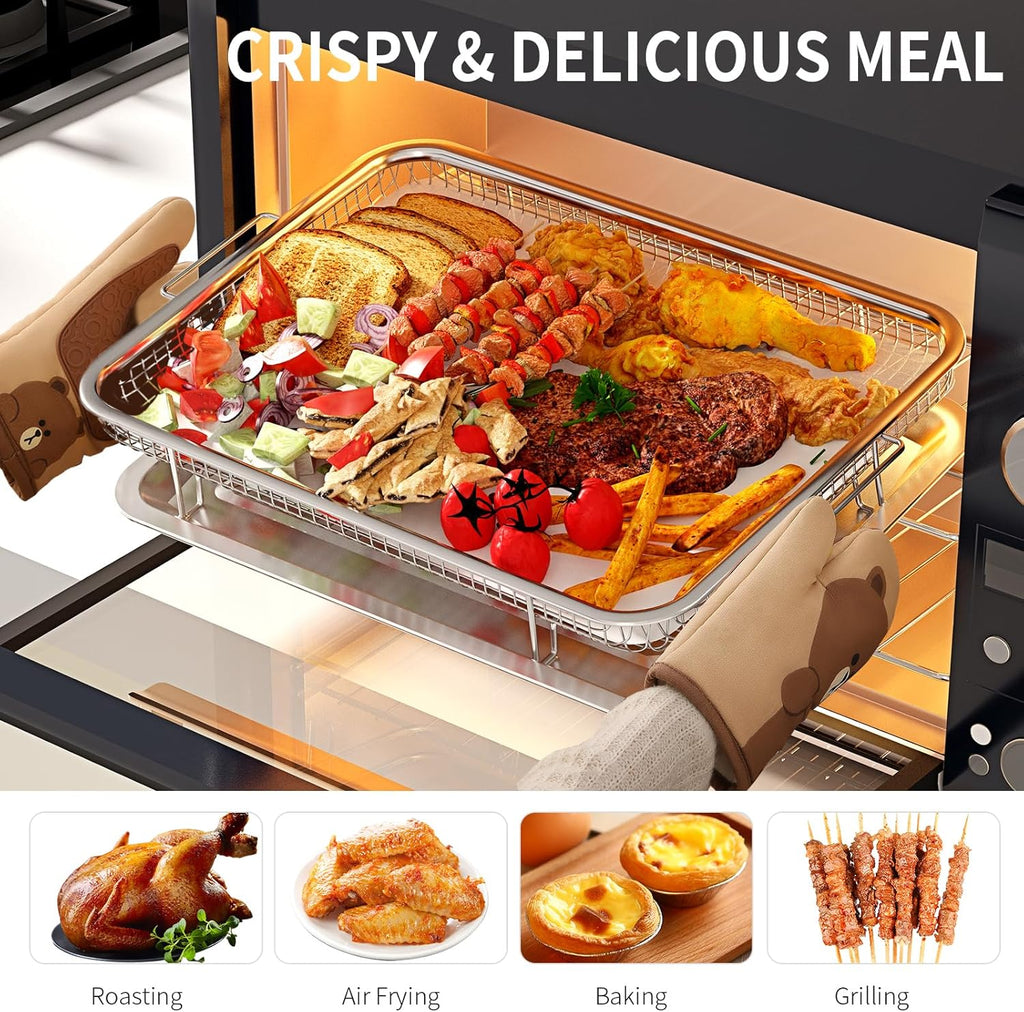 Air Fryer Basket for Oven, OPENICE 15.6" x 11.6" Large Air Fryer Tray and Pan with 30PCS Parchment Papers, Stainless Steel Oven Air Fryer Basket and Tray for Baking Grilling