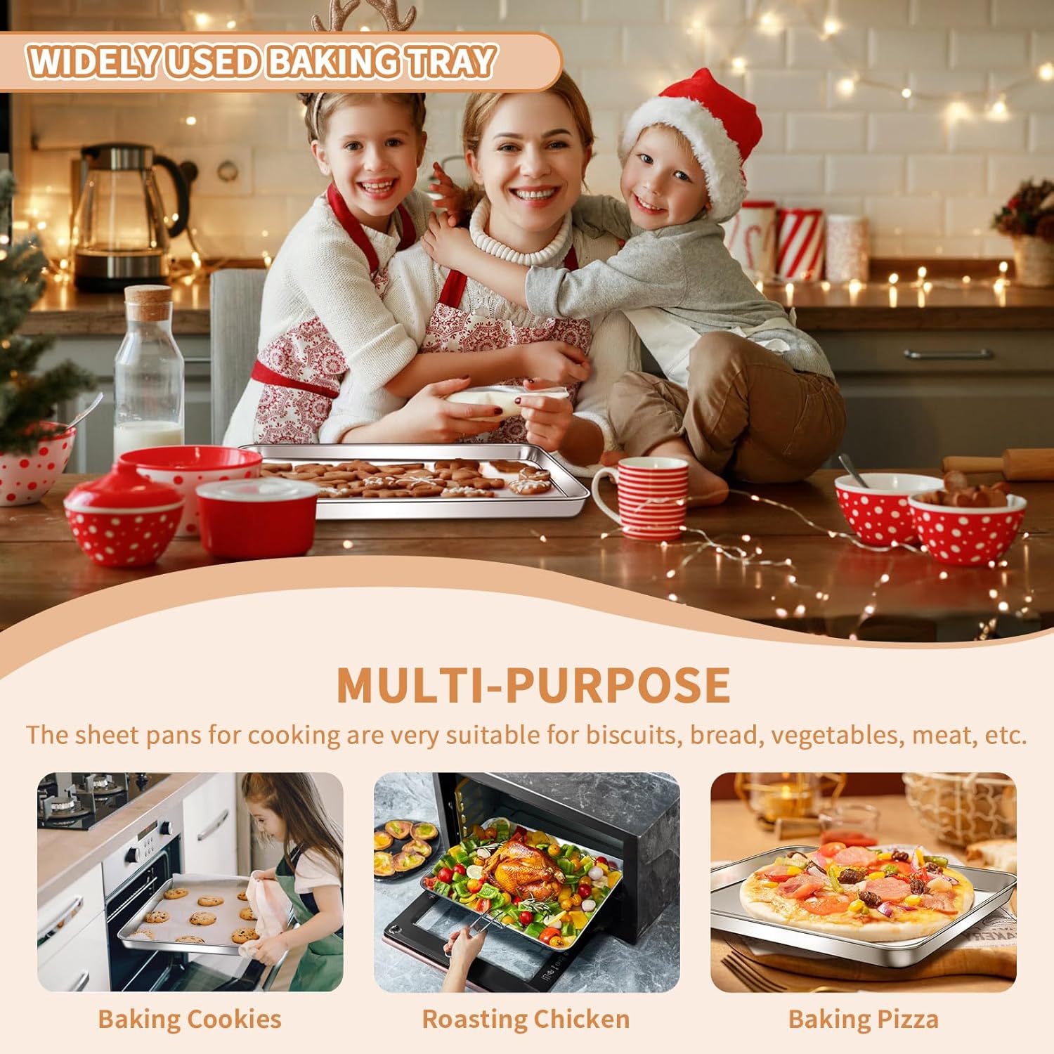 Stainless Steel Baking Sheet Set of 2, Deedro Cookie Sheet Metal Baking Pan Oven Tray, Non Toxic & Heavy Duty, Rust Free & Mirror Finish, Easy Clean & Dishwasher Safe, 16 x 12 x 1 Inch