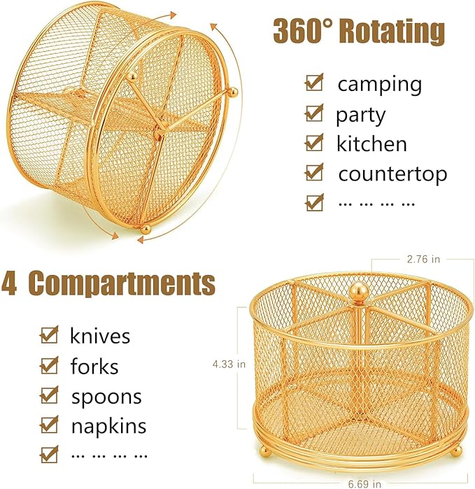 360° Rotating Metal Utensil Caddy - 4 Compartment Silverware Cutlery Holder Rotation Fork Spoon Napkin Organizer Flatware Storage Basket Party Countertop Buffet Picnic Camping Outdoor Gold