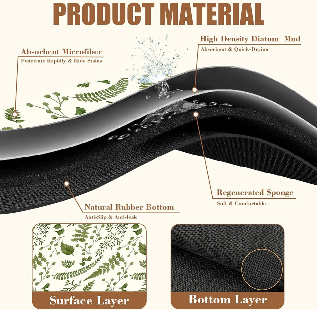 Green Leaf Coffee Mat Herb Dish Drying Mat for Kitchen Counter Hide Stain Rubber Backed Absorbent Coffee Bar Accessories Fit Under Espresso Machine, 15.7 x 23.6 Inch