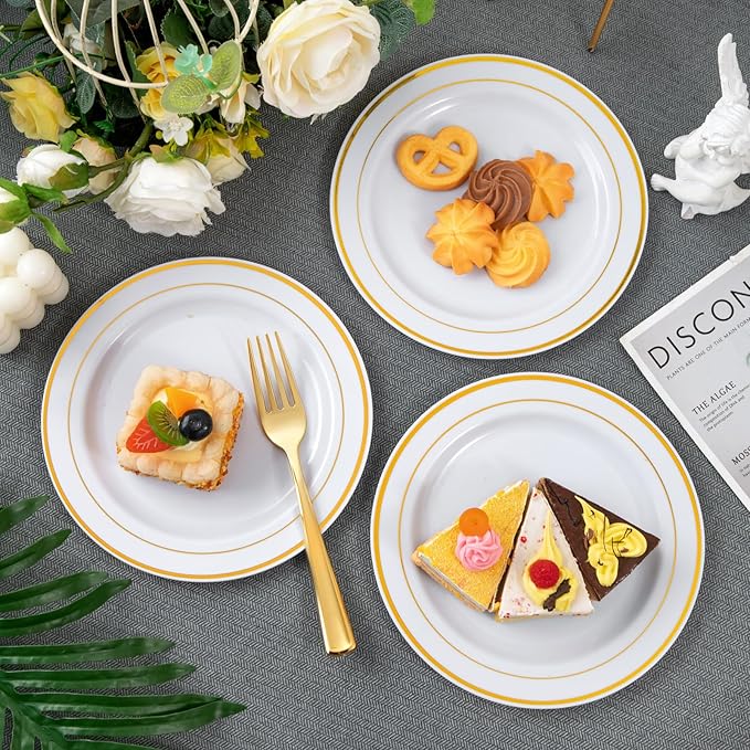 WELLIFE 144Pcs Gold Dessert Plates, 7.5 Inch Plastic Appetizer plates, Heavy Duty plastic Party Plates, White and Gold Plastic plate for Party and Wedding