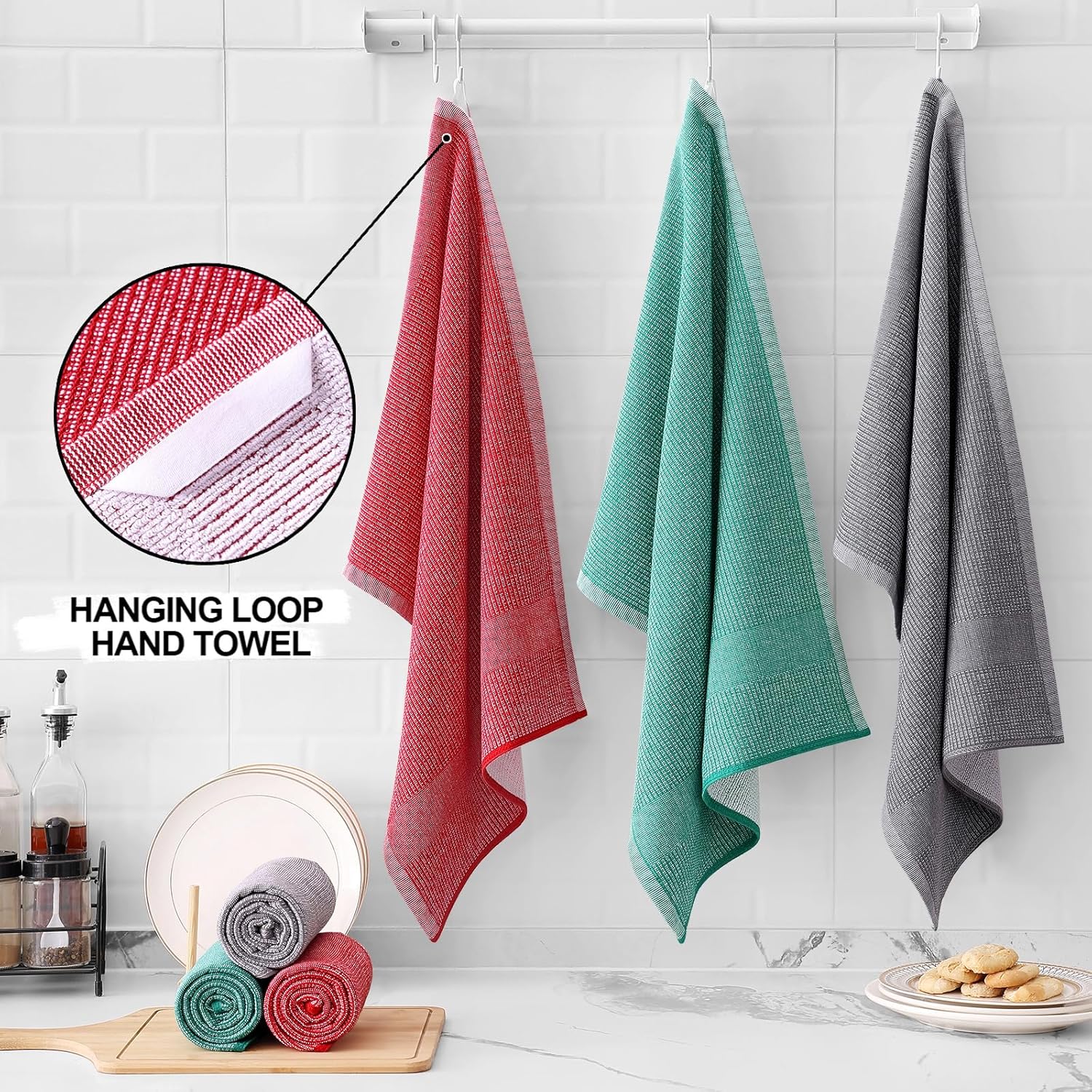 Homaxy Premium Kitchen Towels(18”x 28”, 6 Pack), Large Cotton Kitchen Hand Towels, Flat and Terry Dish Towels, 380 GSM Highly Absorbent Tea Towel Set with Hanging Loop, Grey/Red/Green