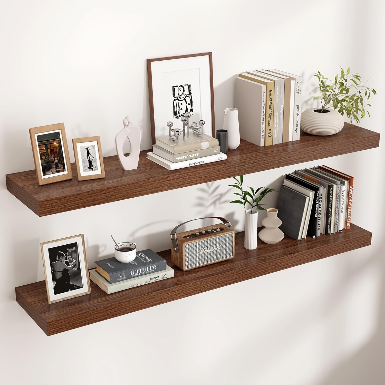 Floating Shelves - 2 Large Wall Mounted Shelves with Invisible Brackets, Long Walnut Wood Floating Wall Shelf for Living Room, Bedroom, Kitchen (48" W x 9" D x 1.5" H)