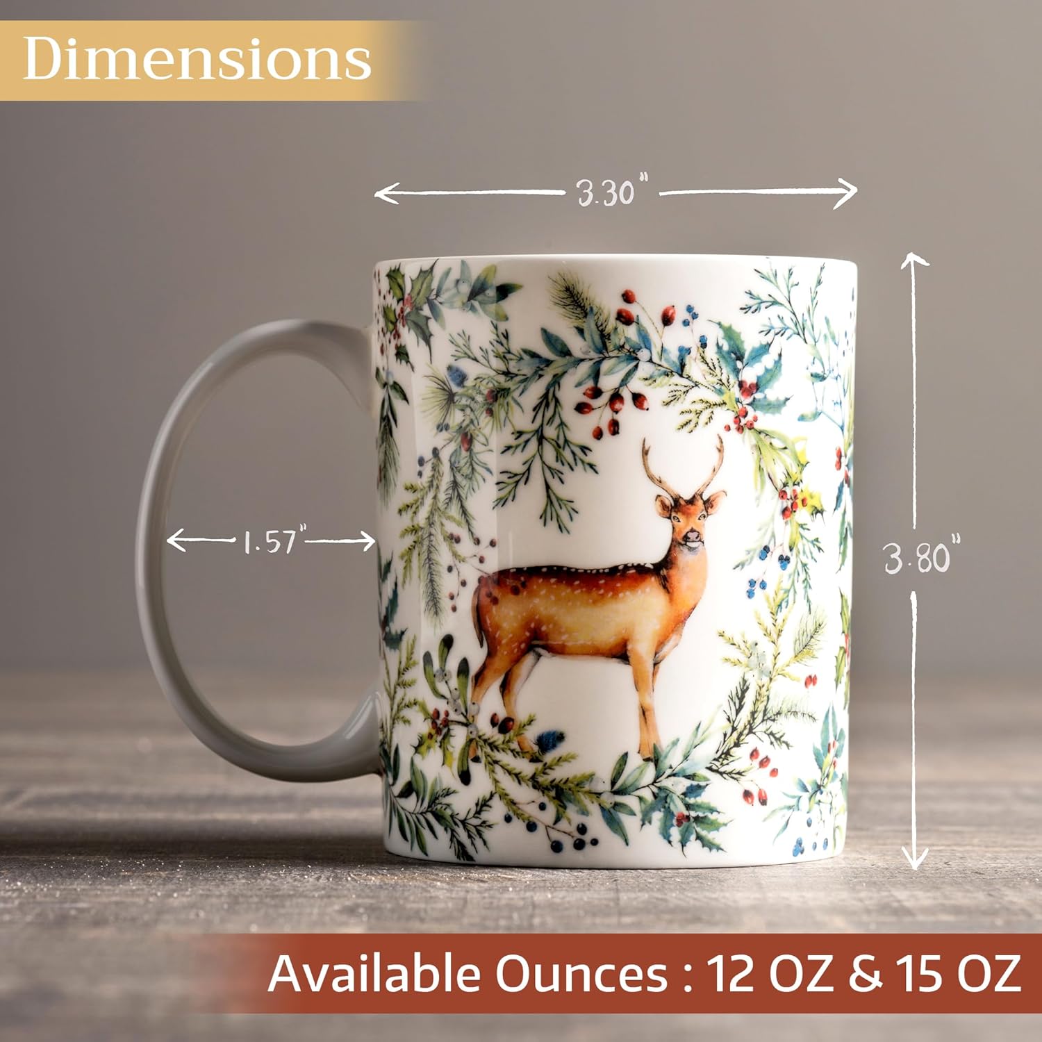 Maison d' Hermine Coffee Mug with Handles Fine Bone China Mugs Pack of One Tea Cups for Hot Beverages Cappuccino Latte Home Restaurant Office Perfect for Gift (Holly Time - Biche, 15 Ounce)