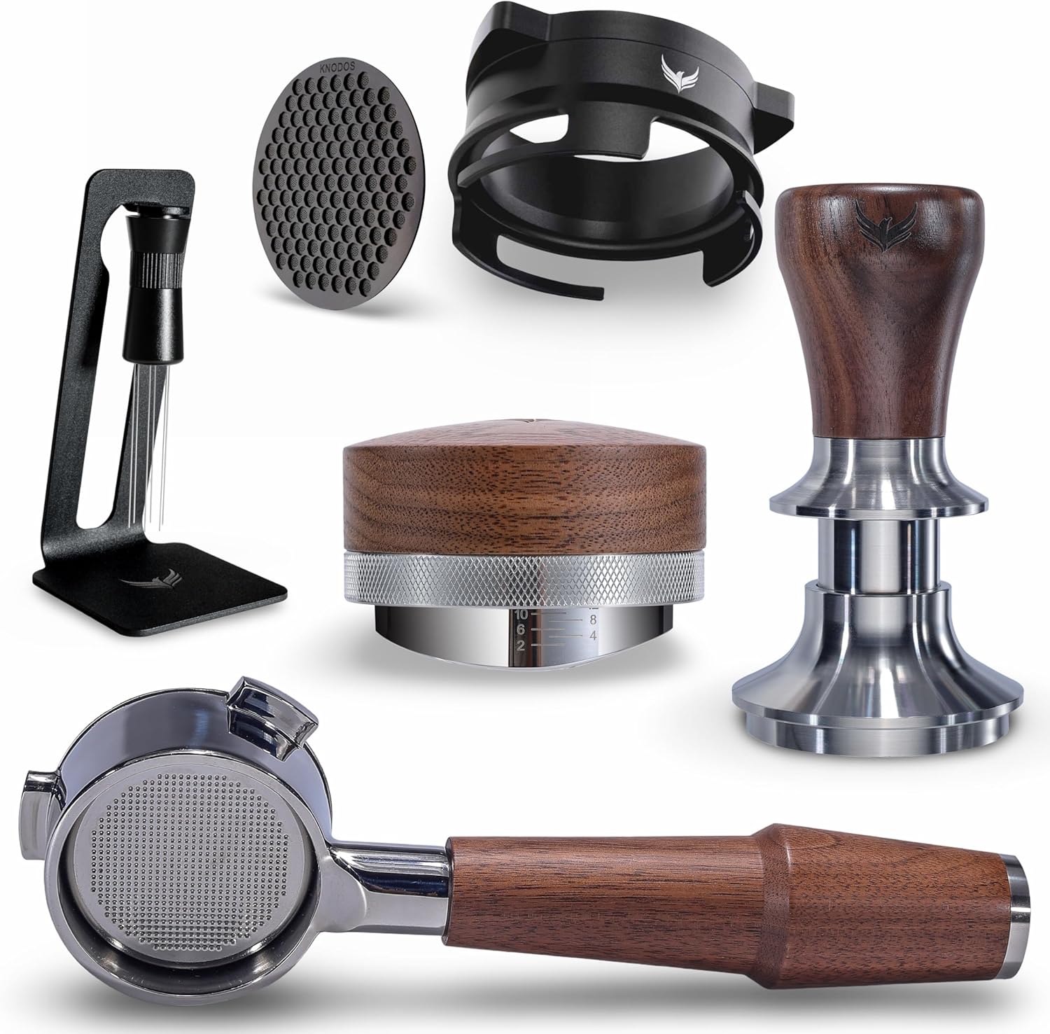 Espresso Tools Kit for Breville 54mm Machines – Walnut Handle Naked Portafilter, Spring Tamper, Coffee Leveler, Dosing Ring, Puck Screen & WDT Needle Tool