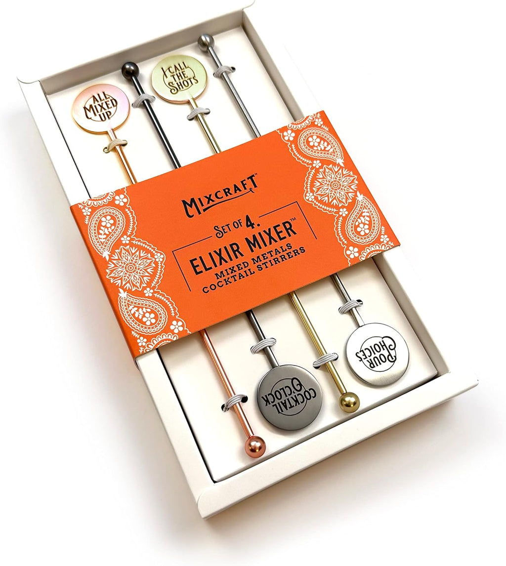 Elixir Mixer Cocktail Stirrers, Stainless Steel Drink Stirring Swizzle Sticks, Mixed Metals, Set of 4