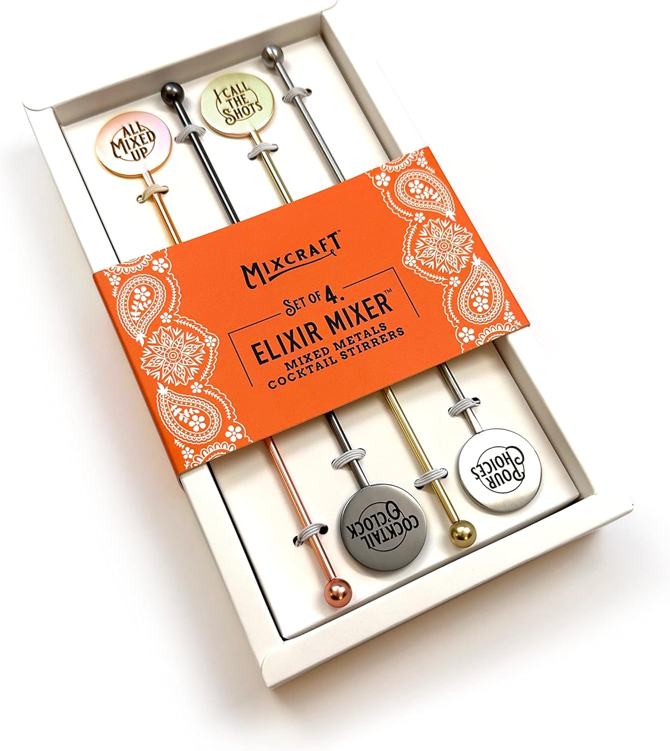 Elixir Mixer Cocktail Stirrers, Stainless Steel Drink Stirring Swizzle Sticks, Mixed Metals, Set of 4