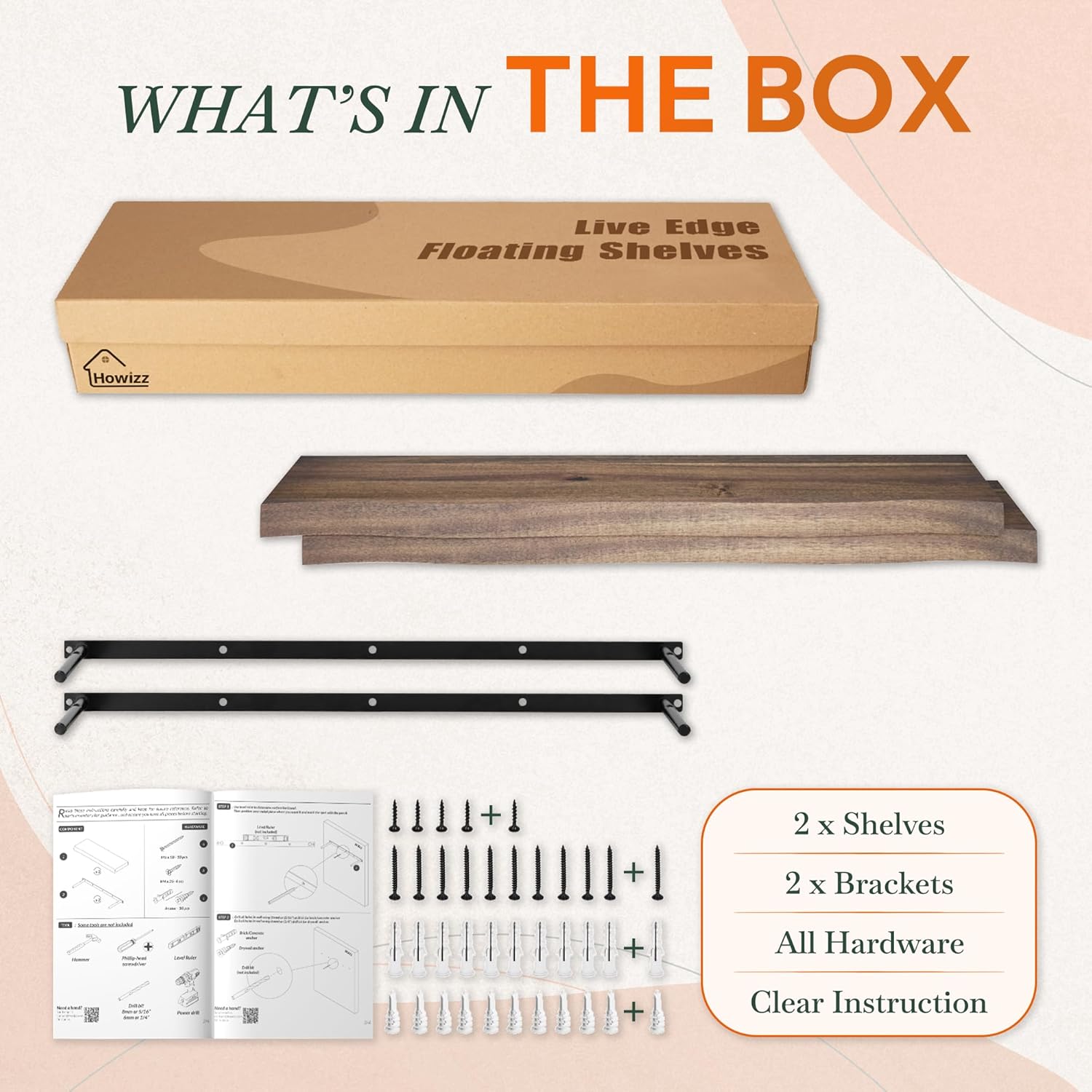 36" Acacia Live Edge Floating Shelves Set of 2 - Wall Mounted Wooden Shelf for Stylish Home Décor - Dark Walnut Color 36x7.5x1.5 Inches