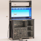 Itaar Coffee Bar Cabinet, Bakers Rack with Power Outlet and Storage, Farmhouse Microwave Stand Kitchen Cabinet with Hutch, LED Lights, Wine Glass Holder and 8 Hooks (Grey)