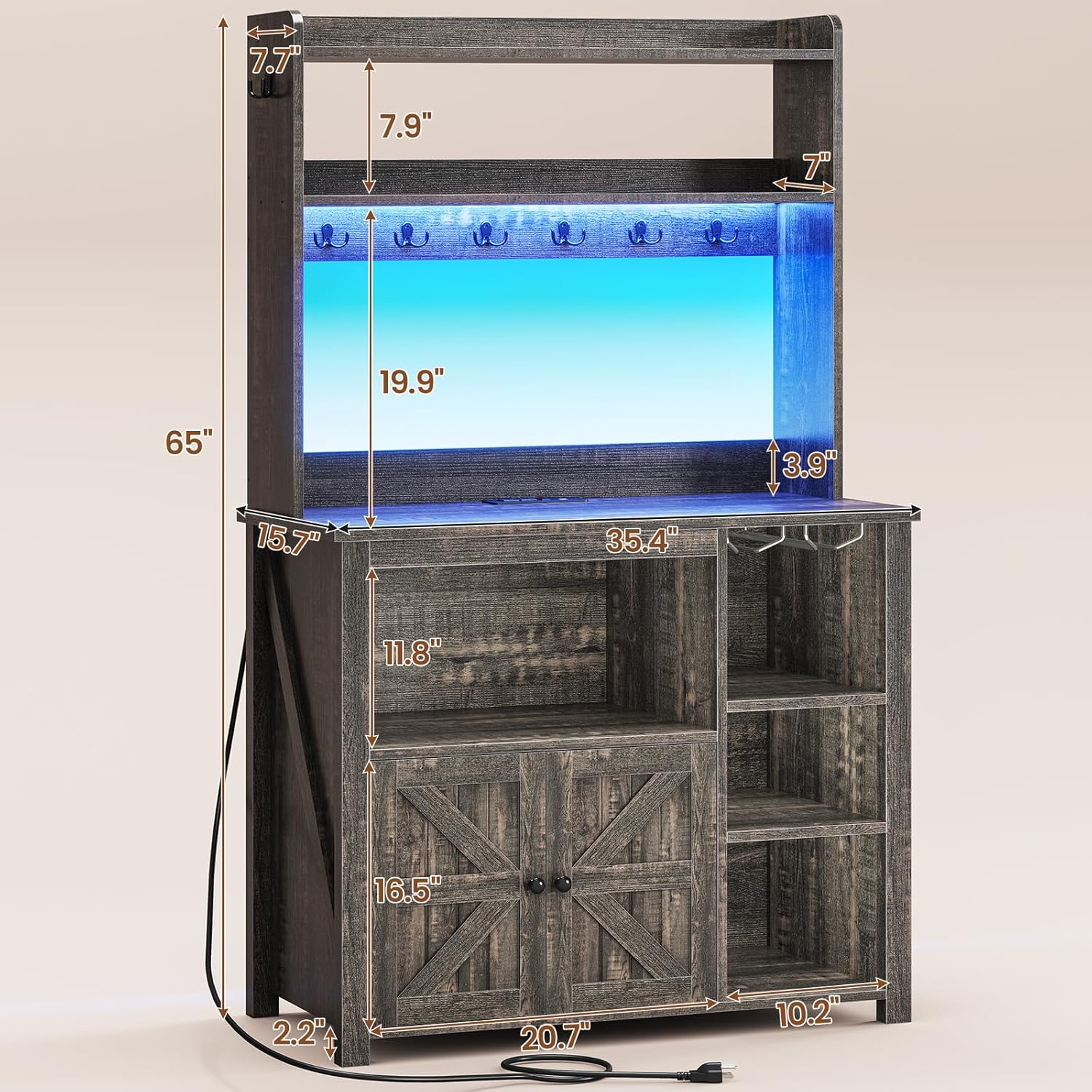 Itaar Coffee Bar Cabinet, Bakers Rack with Power Outlet and Storage, Farmhouse Microwave Stand Kitchen Cabinet with Hutch, LED Lights, Wine Glass Holder and 8 Hooks (Grey)