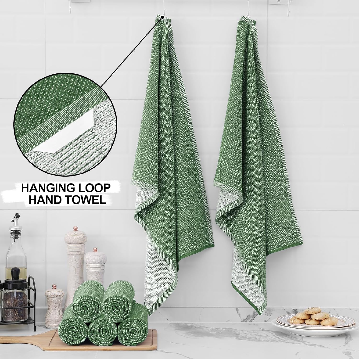 Homaxy Premium Kitchen Towels(18”x 28”, 6 Pack), Large Cotton Kitchen Hand Towels, Flat and Terry Dish Towels, 380 GSM Highly Absorbent Tea Towel Set with Hanging Loop, Grass Green