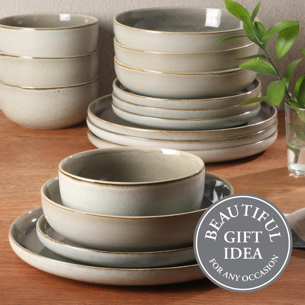 Gibson Elite Sunveil 16 Piece (Service for 4) Plates and Bowls Reactive Glaze Round Dishes Stoneware Ceramic Dinnerware Set -Taupe