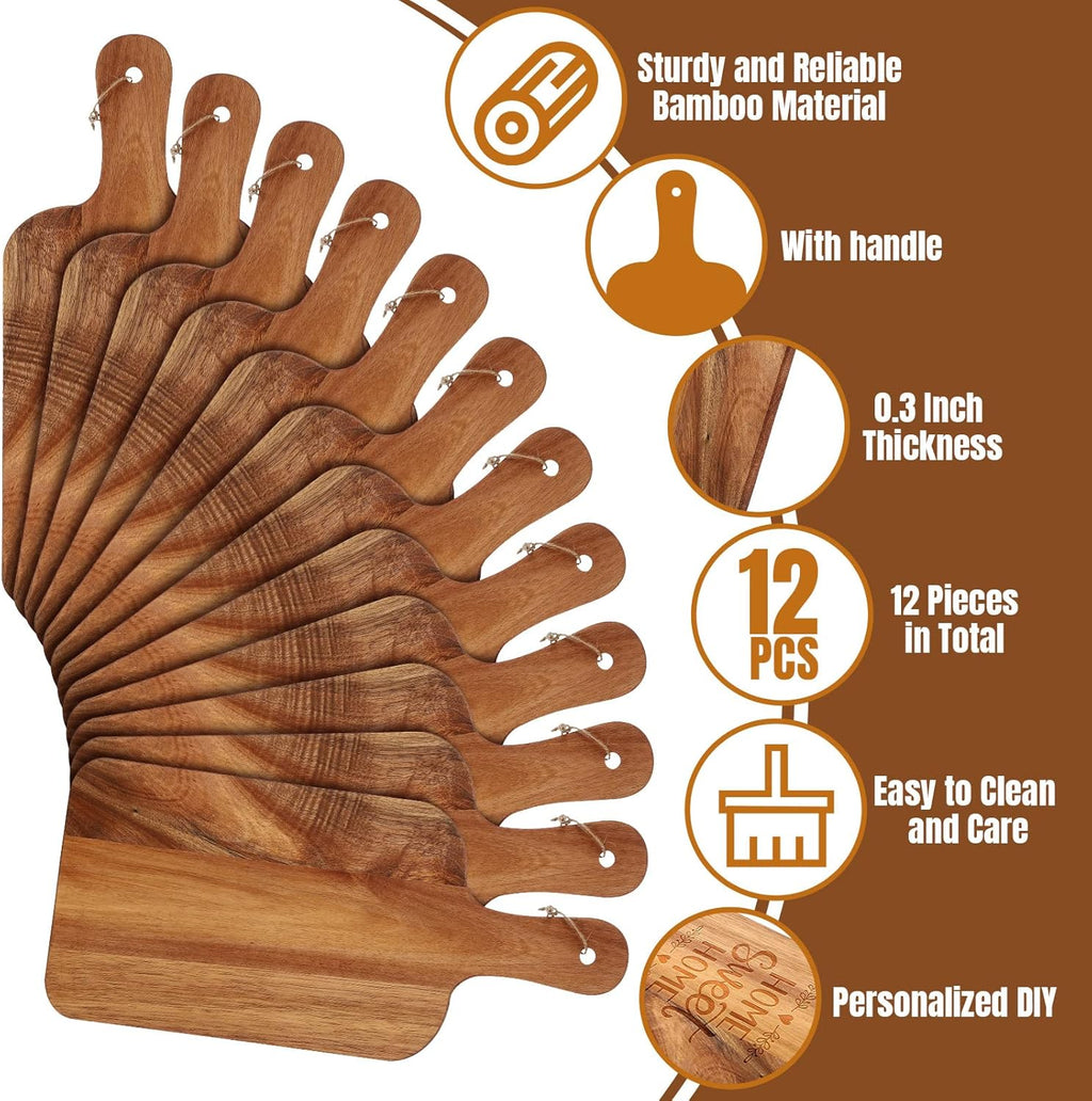 Patelai 12 Packs Wooden Cutting Board Set with Handles Large Kitchen Serving Plain Chopping Board Bulk Gifts for Mom for Vegetables Meat Pizza Cheese Fruit Bread(Acacia Wood,15 x 7 Inch)