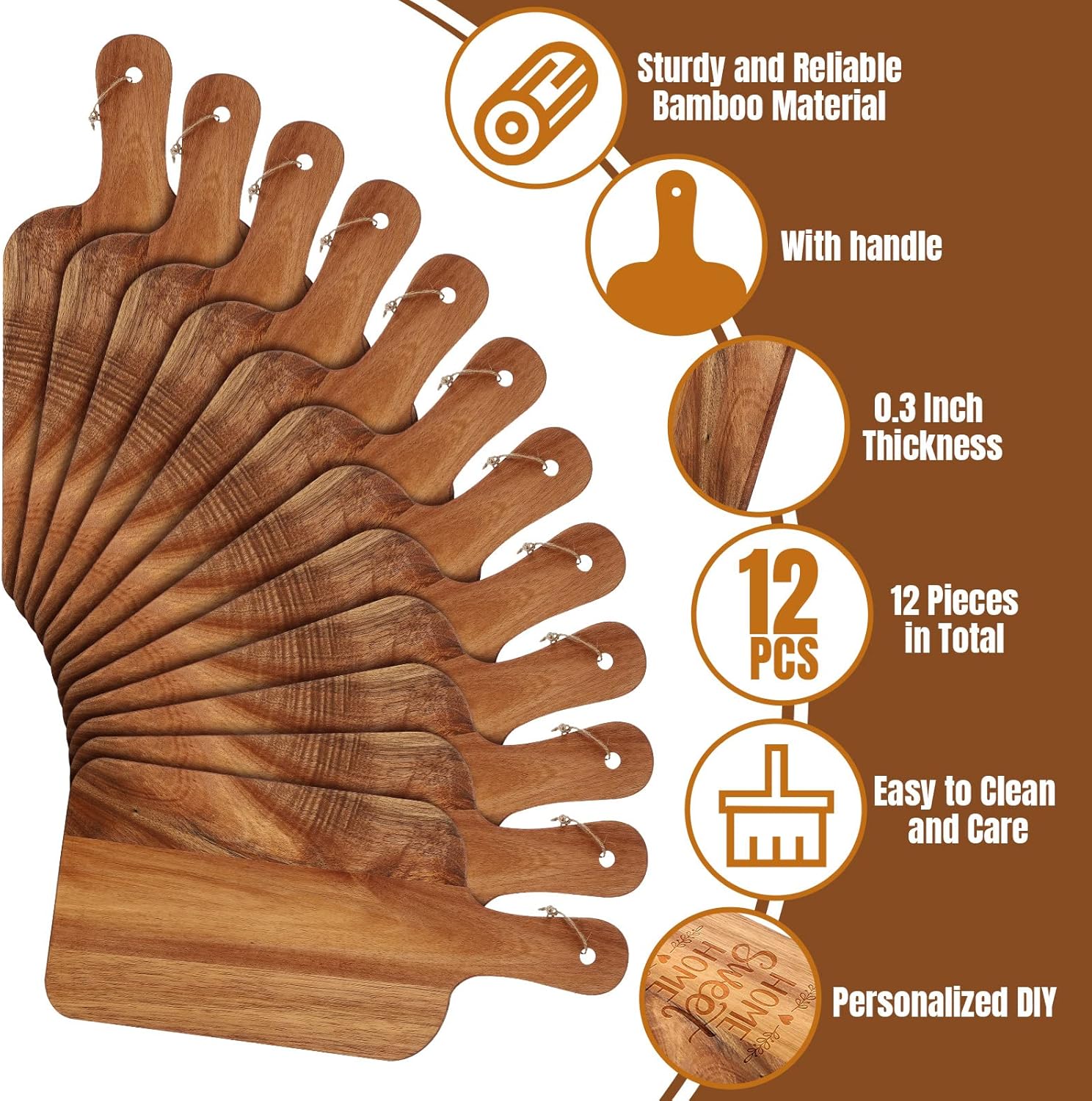 Patelai 12 Packs Wooden Cutting Board Set with Handles Large Kitchen Serving Plain Chopping Board Bulk Gifts for Mom for Vegetables Meat Pizza Cheese Fruit Bread(Acacia Wood,15 x 7 Inch)