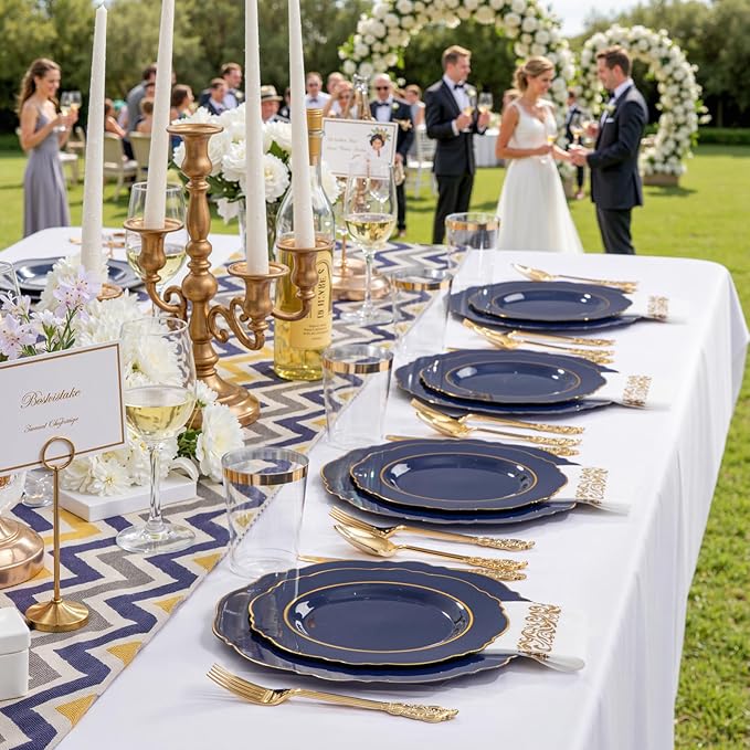 KIRE 210Pcs Navy Blue Plastic Plates - Blue Plates Disposable - 30guest Baroque Plastic Dinnerware for Hanukkah/Upscale Wedding/Parties
