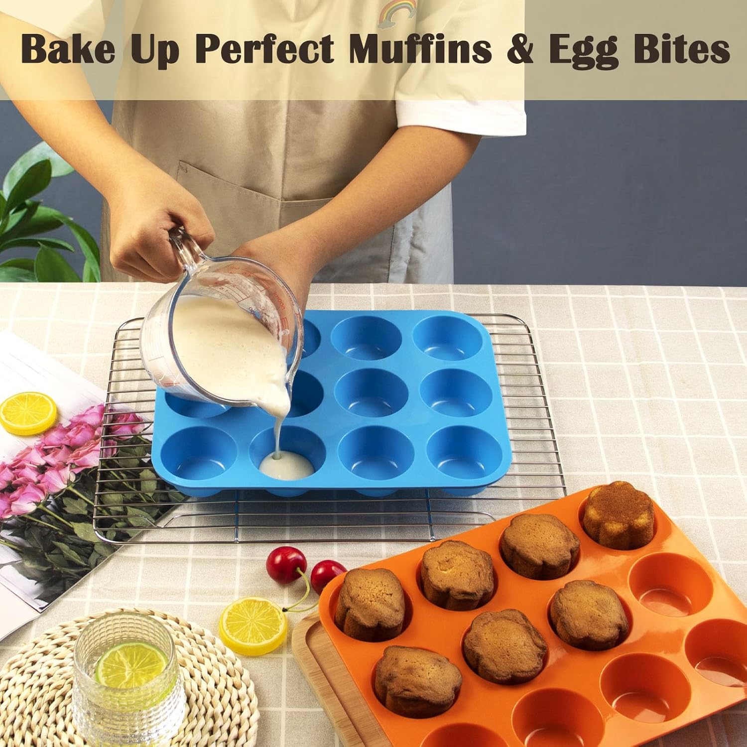 12 Cups Silicone Mini Muffin Pan Set, Nonstick Mini Cupcake Pans, BPA Free Small Muffin Tin for Baking, Set of 2 (Blue+Orange)