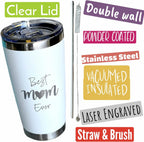 Best Mom Ever Tumbler Gift. 20 Oz Insulated Stainless Steel With Lid, Straw & Brush. Gift Idea For Mom Birthday, Mother's Day Gift Travel Mug Or New Mom Christmas Gift. Laser Engraved.(White)