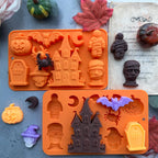2 Pack Halloween Chocolate Candy Silicone Mold Halloween Molds Castle Pumpkin Tombstone Skull Witch Hat Gummy Jello Baking Mold for DIY Ice Cube Sugar Halloween Party Cupcake Topper Cake Decorating